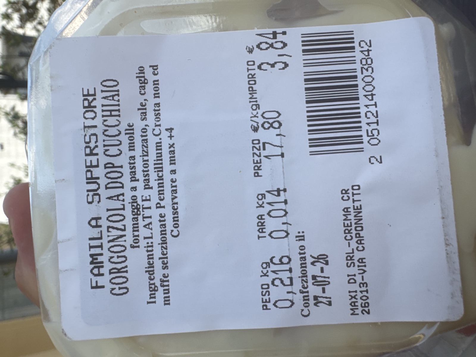 Des Etikett aus da N&auml;h: Gorgonzola DOP cucchiaio, vier Zuatatn, obpackt am 27.07.26 in Crema, 3,84 Euro