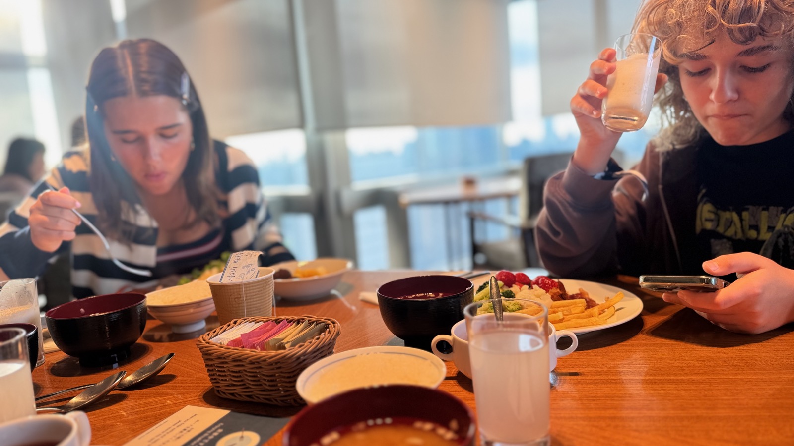 Seraphima and Luca at breakfast, Southern Tower Dining 20F