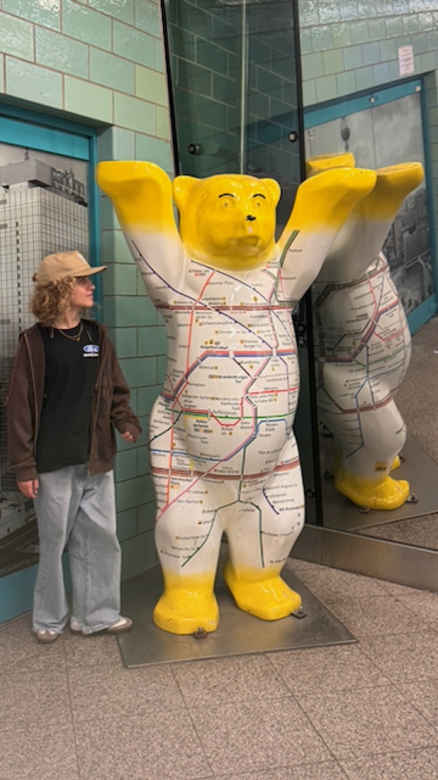 Luca with the Buddy Bear wearing the U-Bahn map, Alexanderplatz station