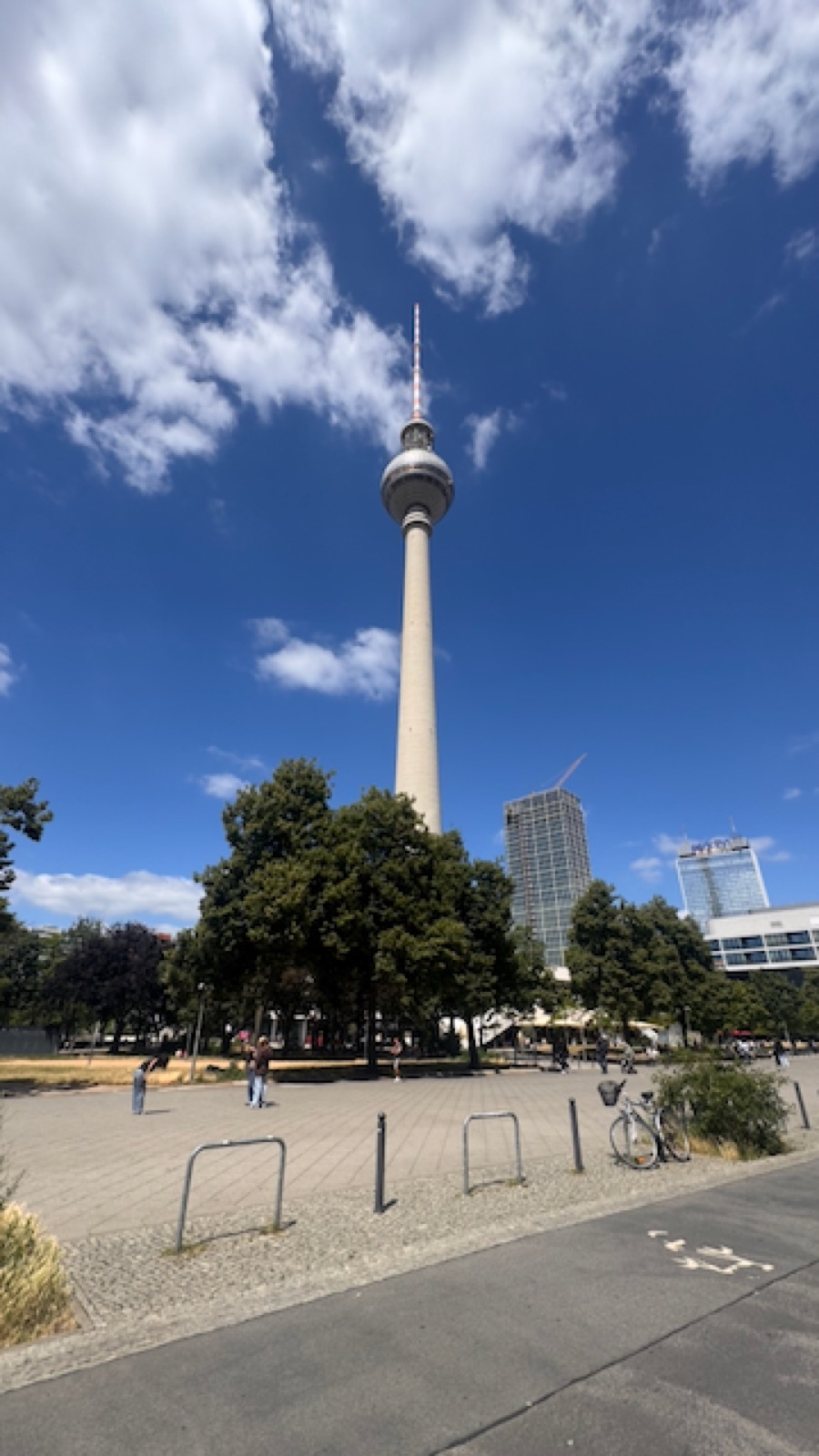 The Fernsehturm in full July blue from the gardens by the Marienkirche
